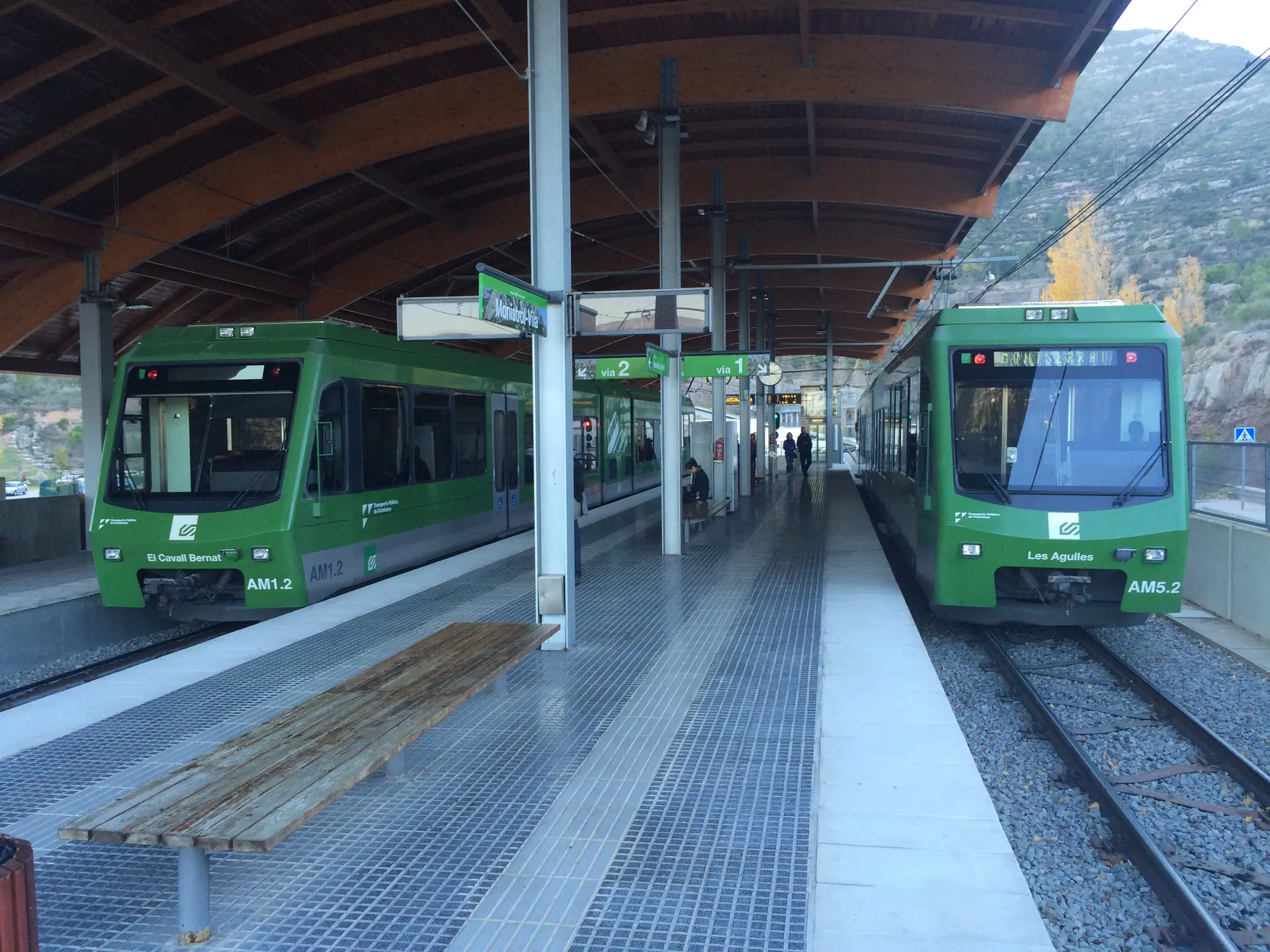 Two Montserrat rack-railway trains at Monistrol-Vila station