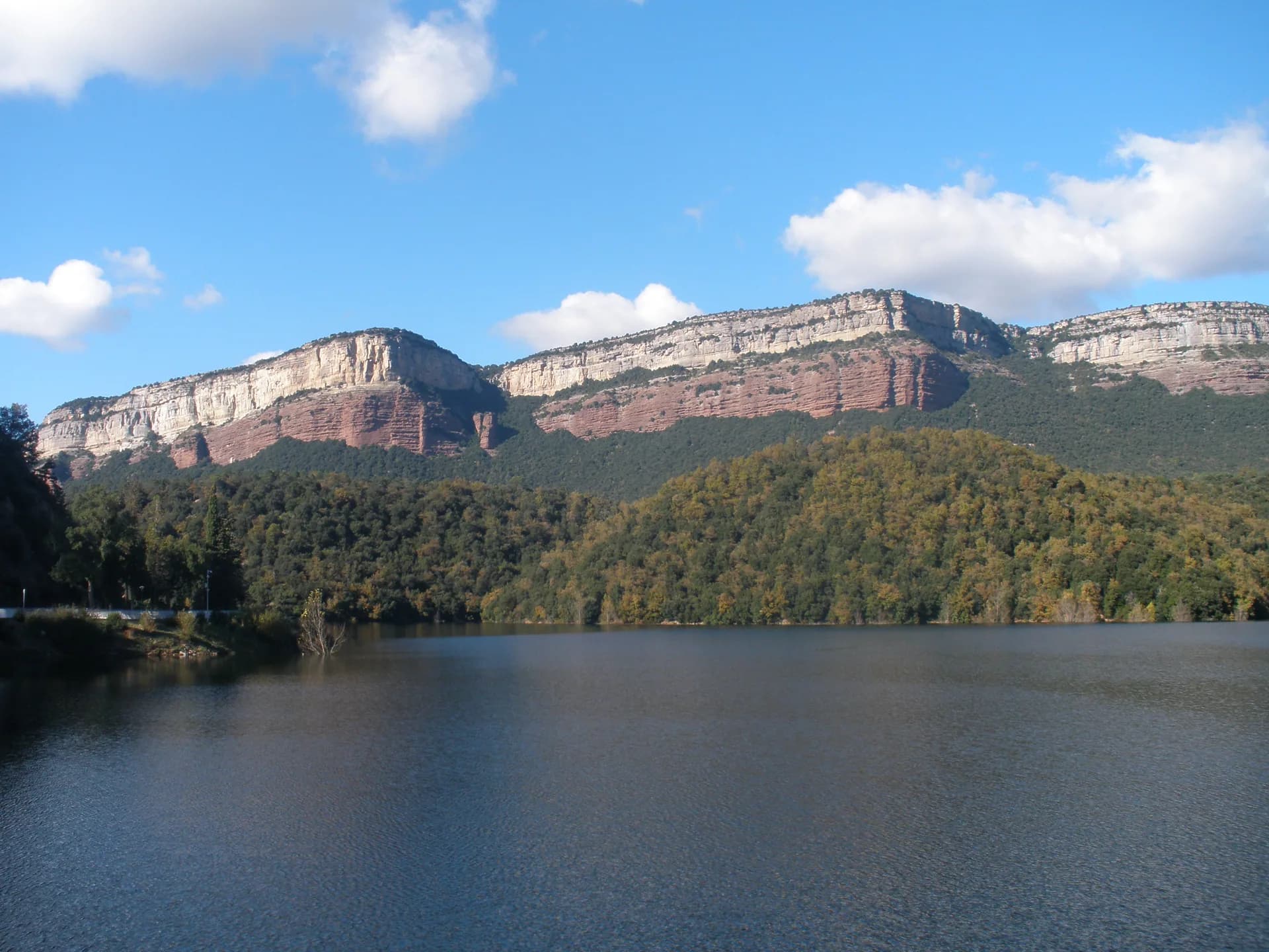El pantà de Sau amb l'aigua alta, envoltat de bosc i amb els cingles de Tavertet al fons
